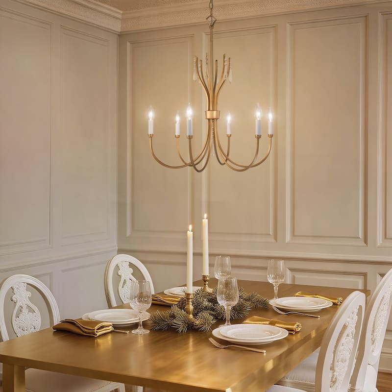 Modern Farmhouse Crystal 6-Light Chandelier Gold Wheel Light for Dining Living Room - Dia. 24" x H 21"