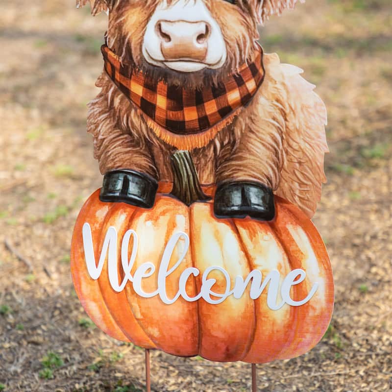 Glitzhome Fall Metal Pumpkin Patch Combo Yard Stake Highland Cow Wall Decor for Thanksgiving
