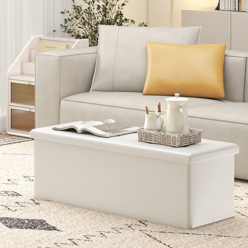 43 Inch PU Leather Storage Ottoman Bench with 38 Gallon Capacity Removable Divider and Foam Cushion for Living Room Entryway