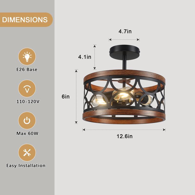 3-Light Metal Hanging Semi-Flush Mount Light Ceiling Light for Kitchen Island