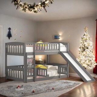 Twin Over Twin Low Bunk Bed with Fence and Ladder for Toddler Kids Teens