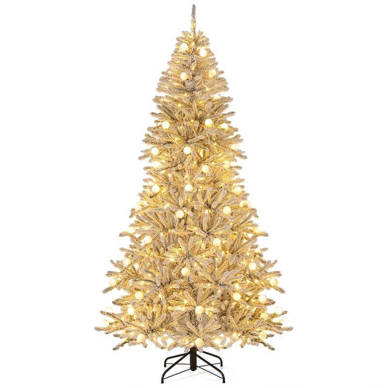 Costway 6/7/8 FT Snow-flocked Artificial Christmas Tree with 51/65/81 - Green & White - See Details - 7 Foot