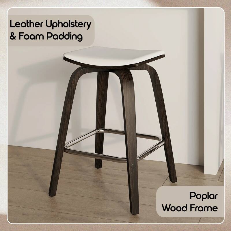 Pelya Leather Swivel Square Counter Stool with Wood Legs and Chrome Footrest for Kitchen Island or Dining Area Set of 2