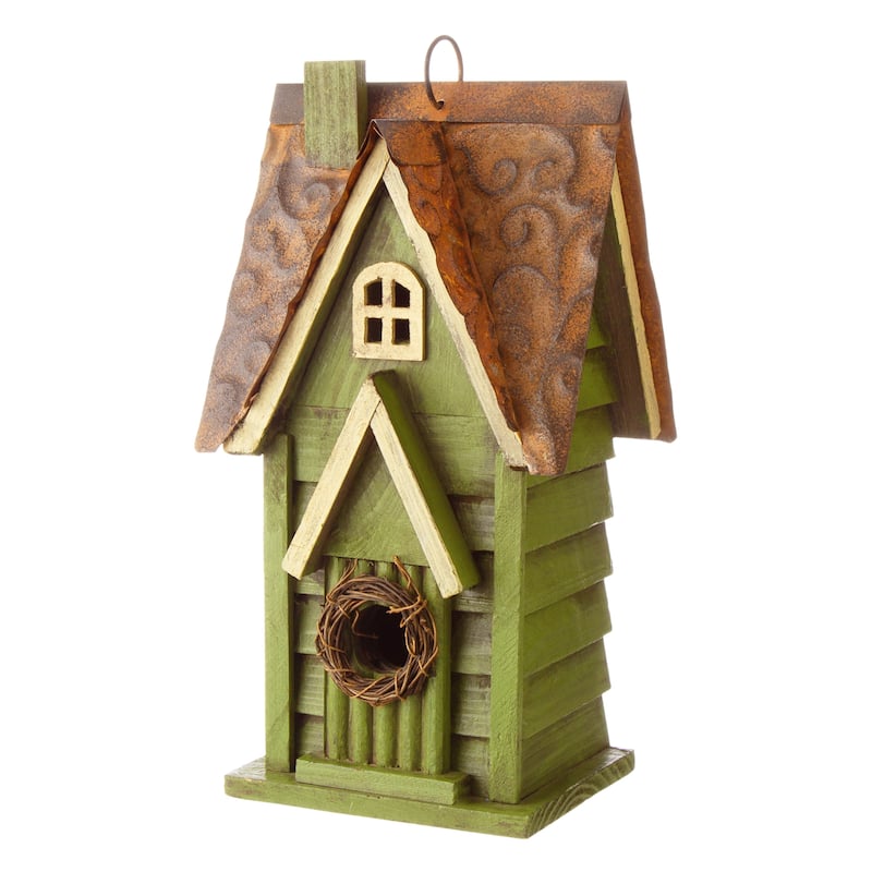Glitzhome 12"H Retro Distressed Painted Solid Wood Cottage Birdhouse - Green