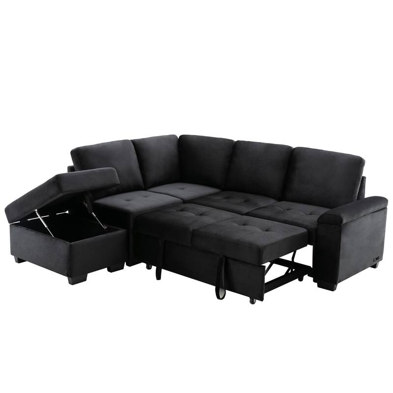 84.75" Velvet L-Shaped Sectional Sofa with Storage Ottoman, USB & Hidden Storage