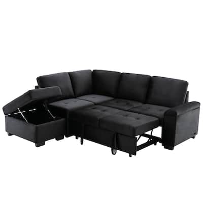 87.4-inch Black L-shaped Sleeper Sectional Sofa with Storage Ottoman, Hidden Arm Storage, and USB Charge