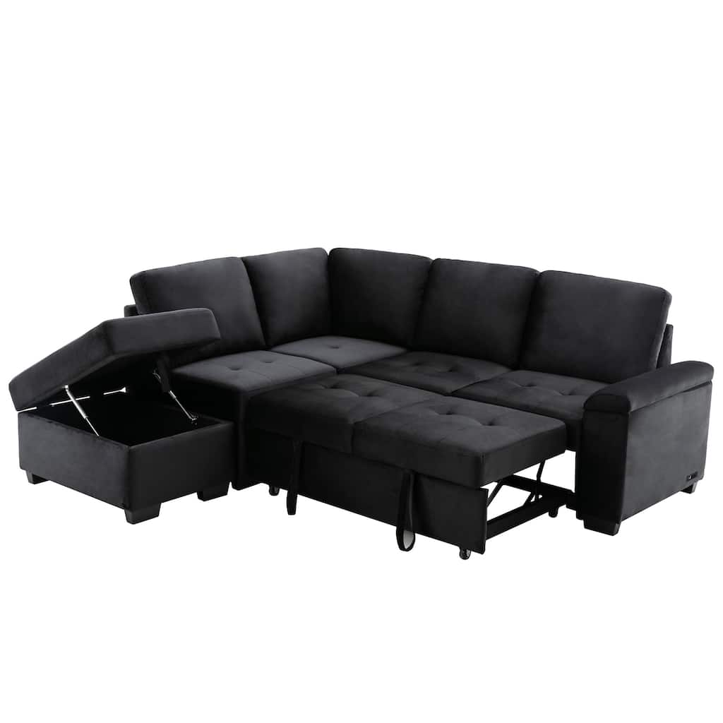 87.4-inch Black L-shaped Sleeper Sectional Sofa with Storage Ottoman, Hidden Arm Storage, and USB Charge