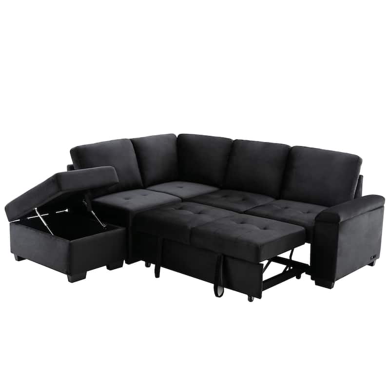 Corner Sleeper Sectional Sofa with Storage Ottoman & USB