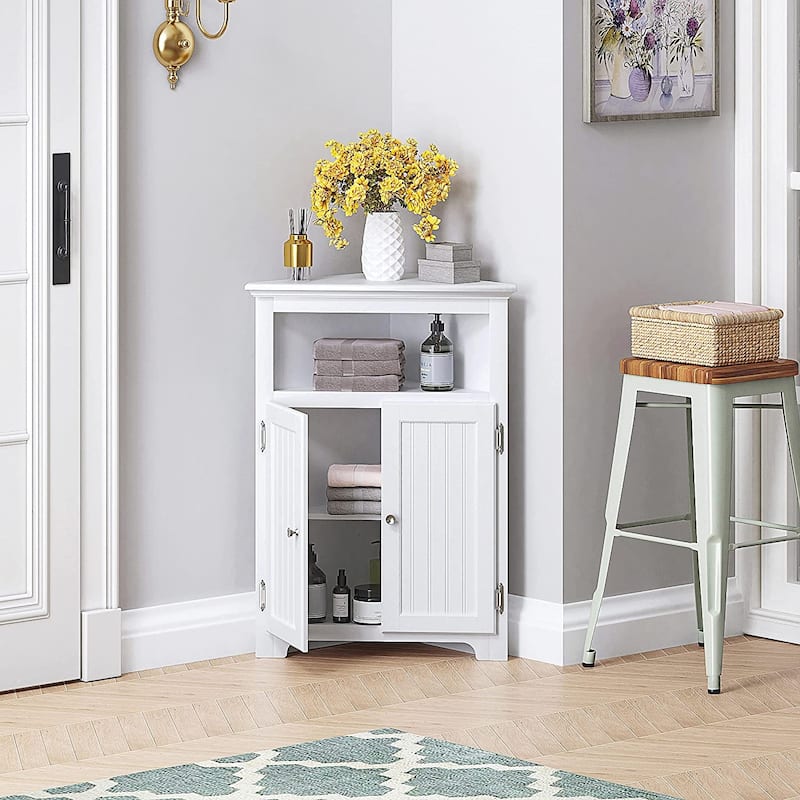 UTEX Corner Free Storage Cabinet, Bathroom Floor Corner Cabinet with Doors and Shelves for Bathroom, Kitchen, Living Room, White