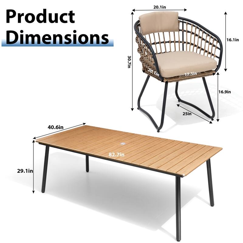 9-Piece Outdoor Patio Dining Set Wood-Like Table Top Alumium Umbrella Hole Table with Rattan Chairs