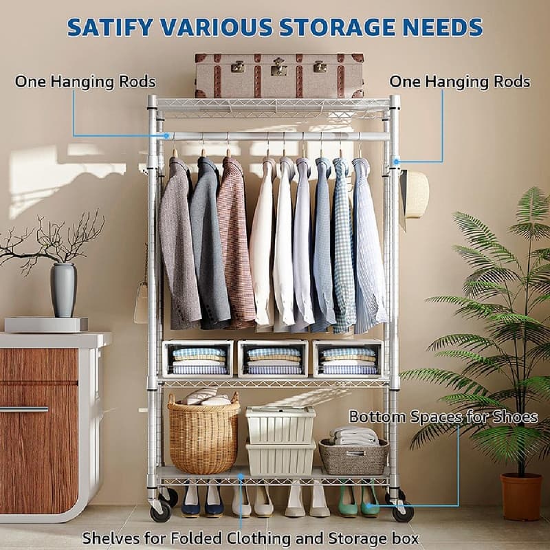Heavy Duty Rolling Garment Rack with Wheels, 3-Tier Adjustable Wire Shelving, Clothes Rack with Rods & Side Hooks