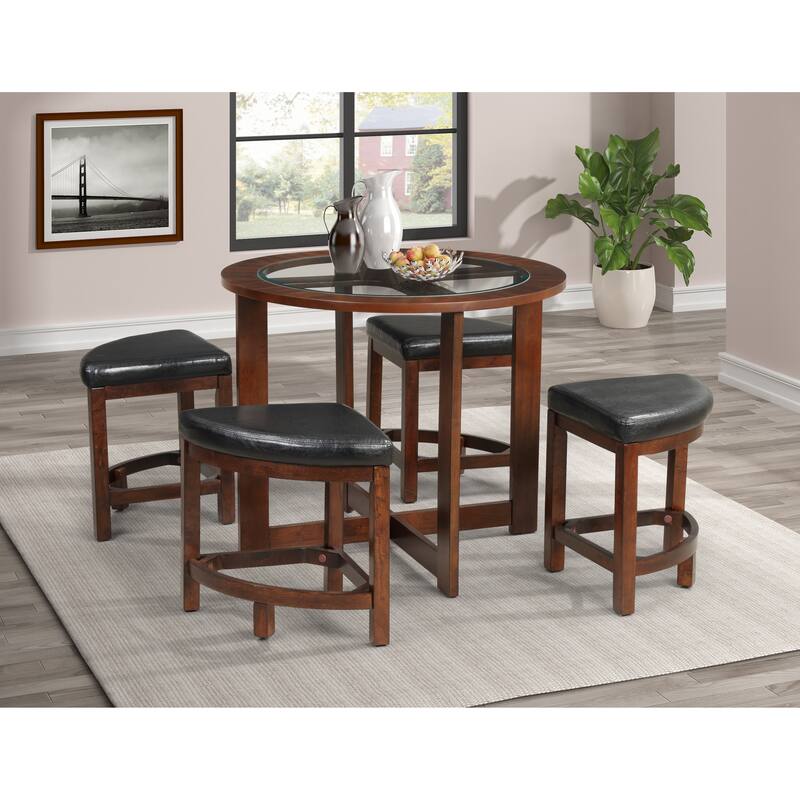 Glass Top Round Dining Table Minimalist Coffee Table & Chairs Set with 4 Backless Padded Seat Chairs