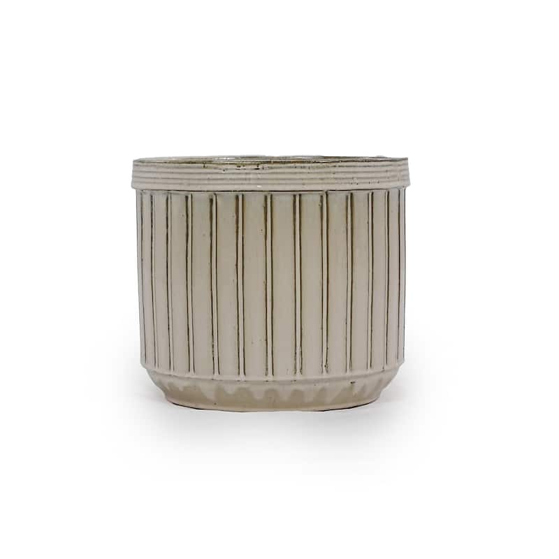 Ceramic Flowerpot Planter 14.18in Cream Striped Frost Resistant Customizable for Indoor Outdoor, 4pc
