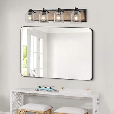 Farmhouse Vanity Sconce with Seeded Glass – Black/Wood Finish for Bathrooms (Bulbs Not Included)‌
