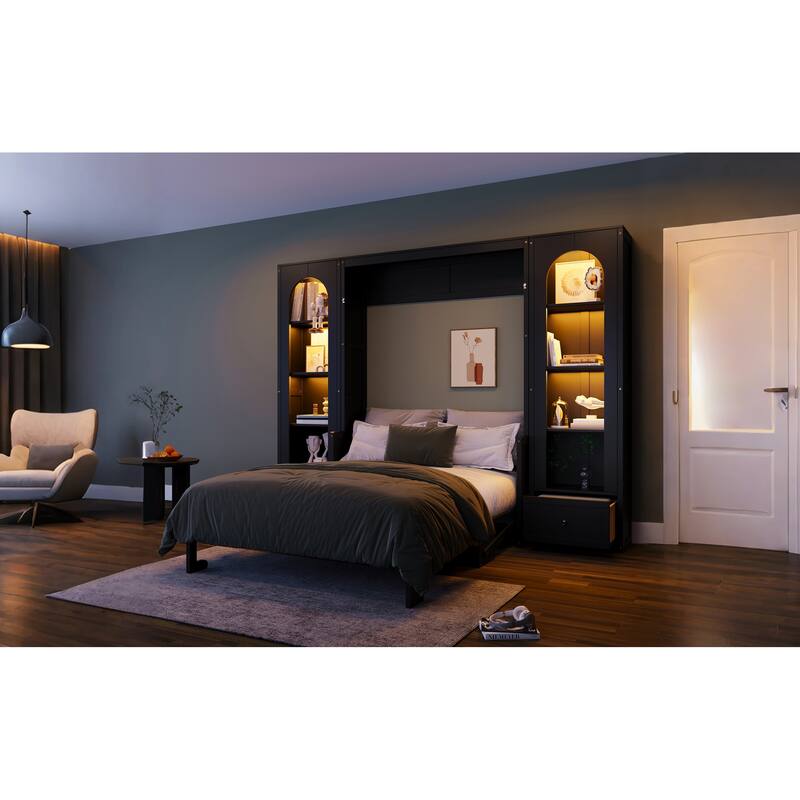 Queen Size Murphy Platform Bed with 2 Arched Cabinets Shelf Drawers and Light Strips, Space-Saving Storage Bed Cube Foldable Bed