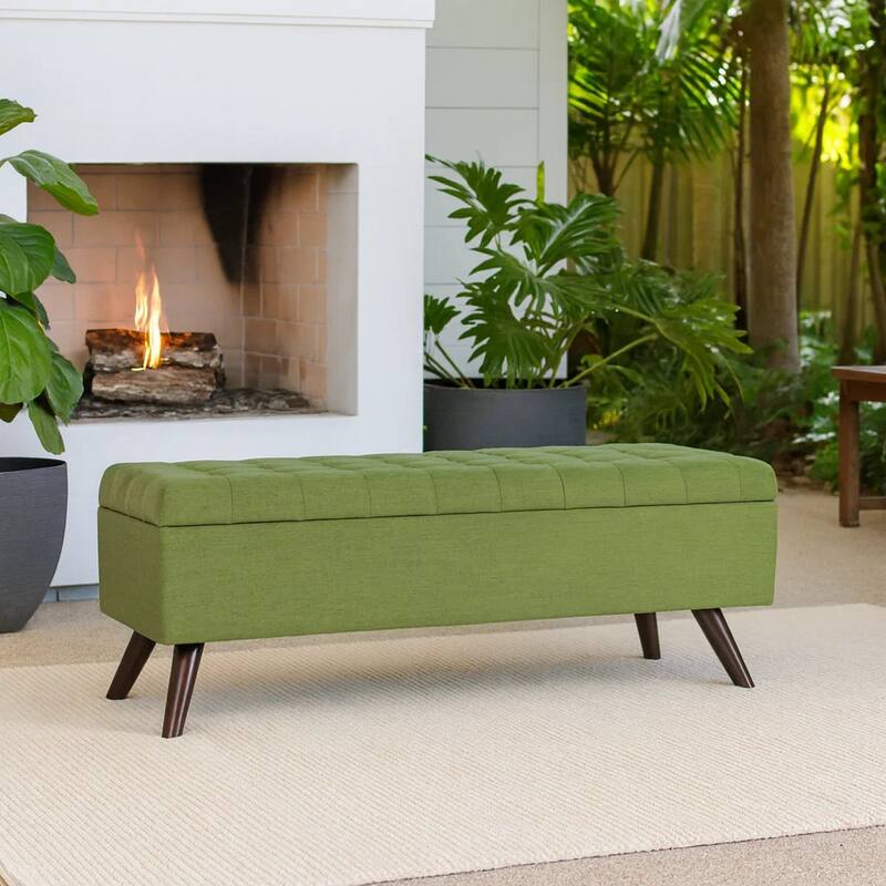 Eva Storage Bench Ottoman, Olive Green Woven Polyester, Brown, 48 Inch