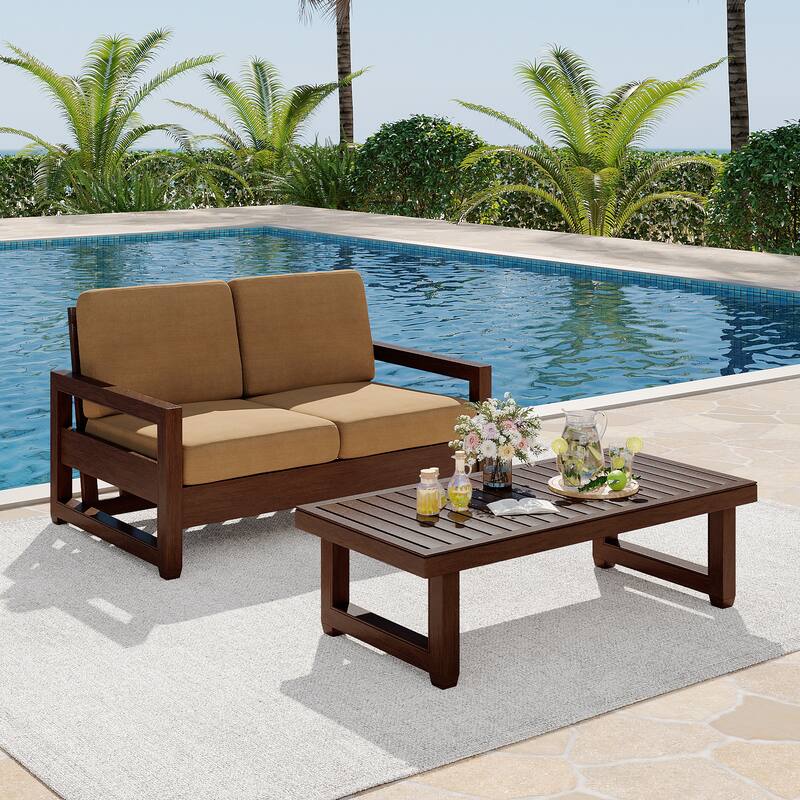 Teak Loveseat Patio Set with Cushions and Table (2-Piece) - Light Brown/Tan wood - Coffee table