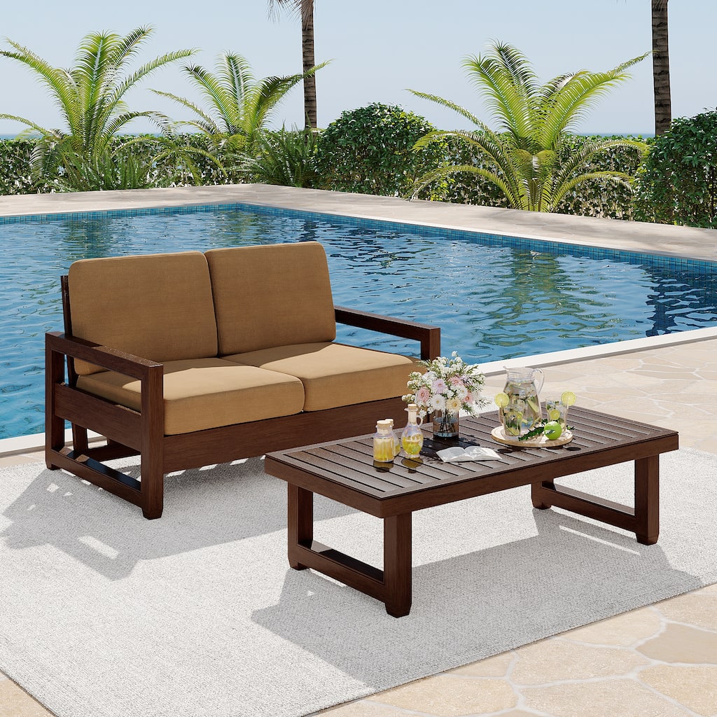 Teak Loveseat Patio Set with Cushions and Table (2-Piece)