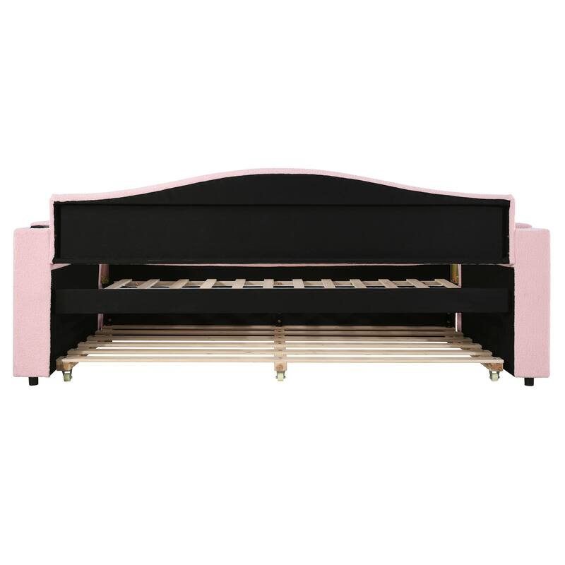 Teddy Fleece Daybed Leisure Upholstered Daybed Frame with Storage Armrest and Integrated Bluetooth Audio System and Trundle