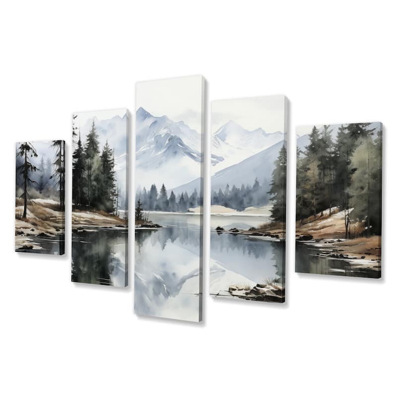 Designart "Green Blue Minimalism Forest Silent Reflection" Landscapes Multipanel Canvas Print set