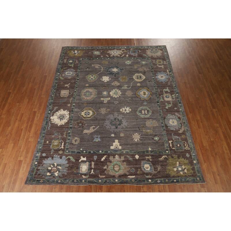 Hand Knotted Oriental 100% Wool Carpet Transitional All-Over Brown Oushak Area Rug - 11' 6'' X 9' 0''