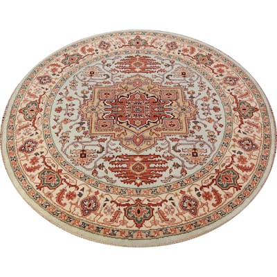 Geometric Heriz Serapi Round Area Rug Handmade Wool Carpet - 7'10"x 7'10"
