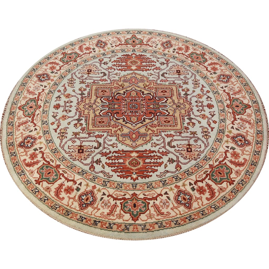 Geometric Heriz Serapi Round Area Rug Handmade Wool Carpet - 7'10"x 7'10"