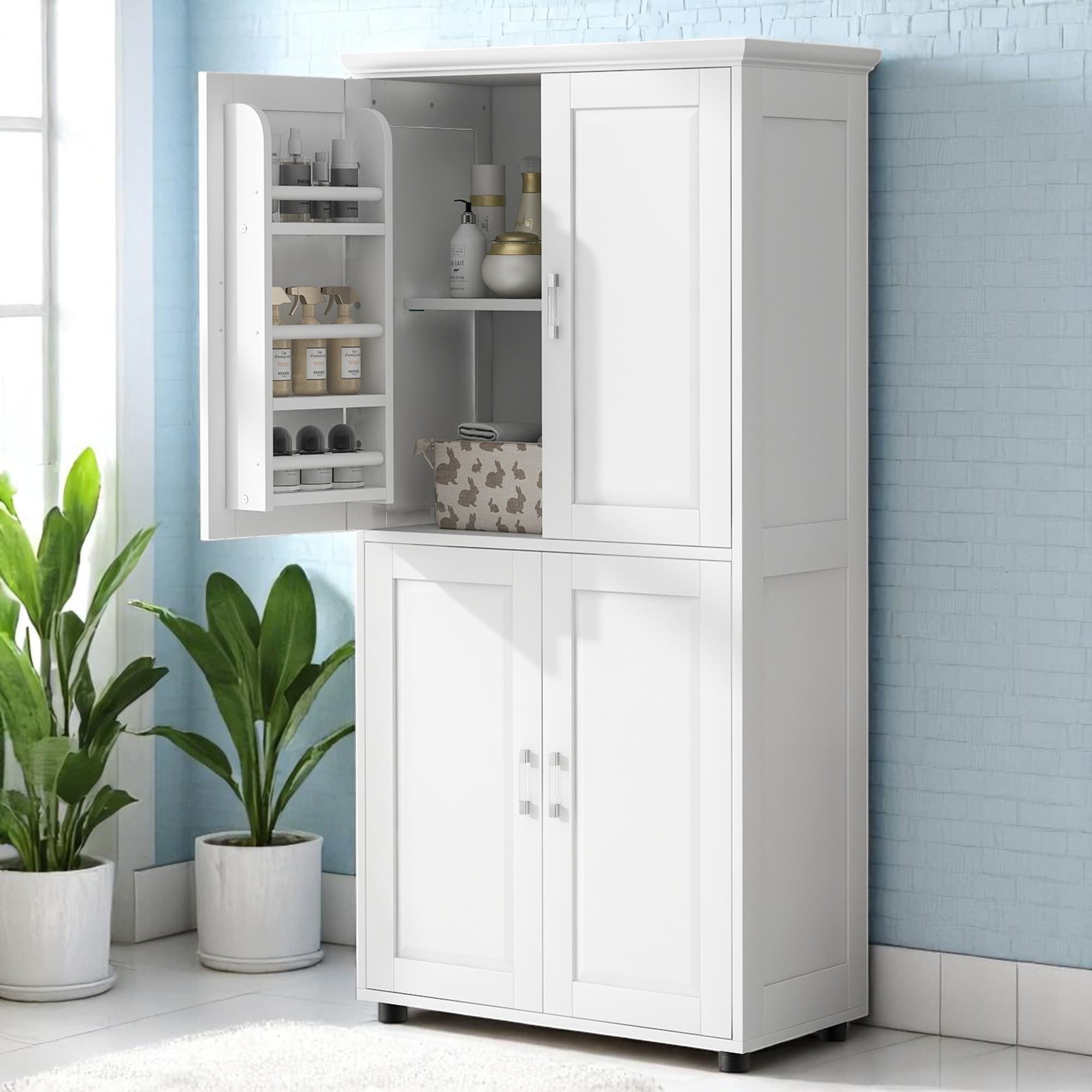 Bathroom Floor Cabinet with Adjustable Shelves and 4 Doors, Tall Wide White Freestanding Storage Unit