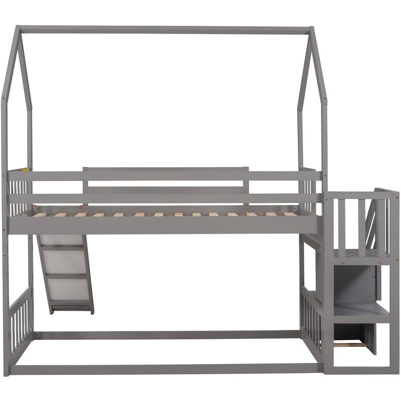 Twin House Bunk Bed with Slide and Storage Staircase, Convertible Design, Pine Wood Construction, Perfect for Children's Room