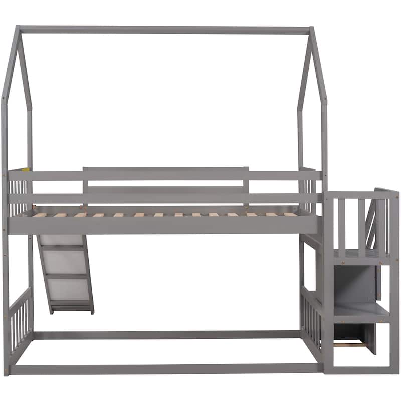 Twin Over Twin House Bunk Bed w/Convertible Slide, Storage Staircase