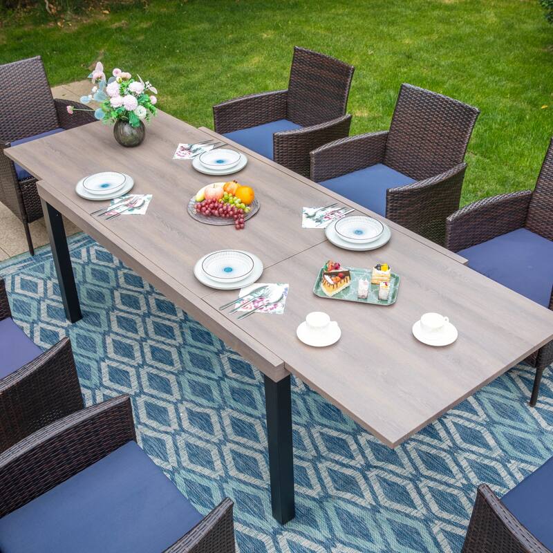 7/9-piece Patio Dining Set, Expendable Rectangular Outdoor Dining Table with Rattan Chairs
