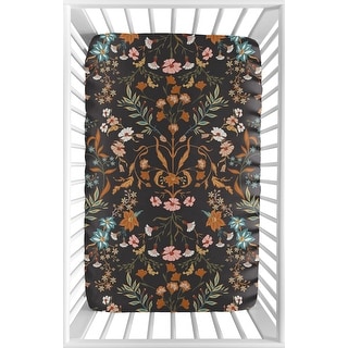 Sweet Jojo Designs Boho Wildflower Vintage Floral Girl Fitted Mini Portable Crib Sheet Black Orange Bohemian Farmhouse Botanical