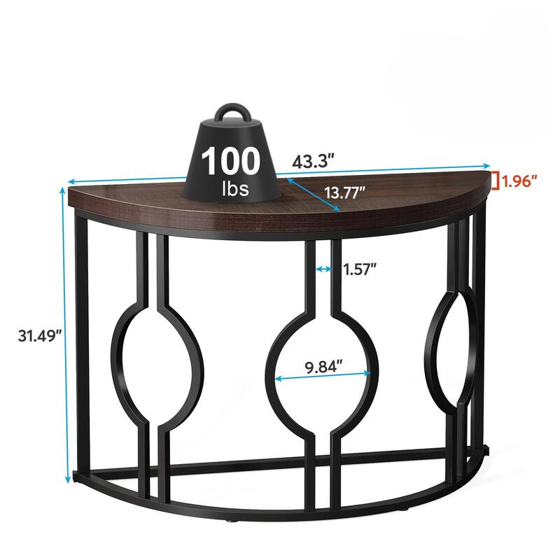 Half Moon Console Table for Entryway, 43 Inch Industrial Semi Circle Sofa Table with Geometric Base, Wood Accent Table
