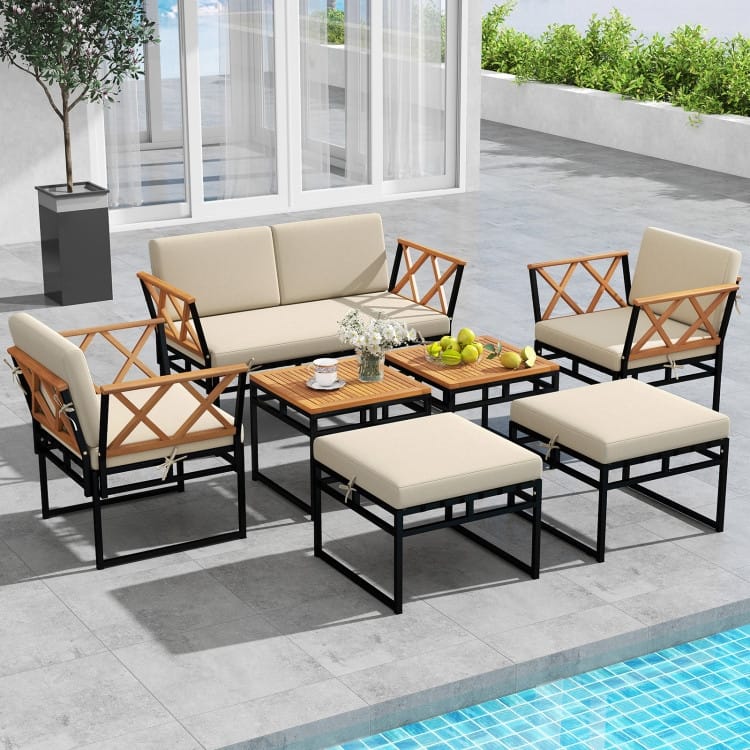 Beige Metal Acacia 7-Piece Patio Set with Cushions and Coffee Tables - Loveseat: 25.5" x 51" x 26"