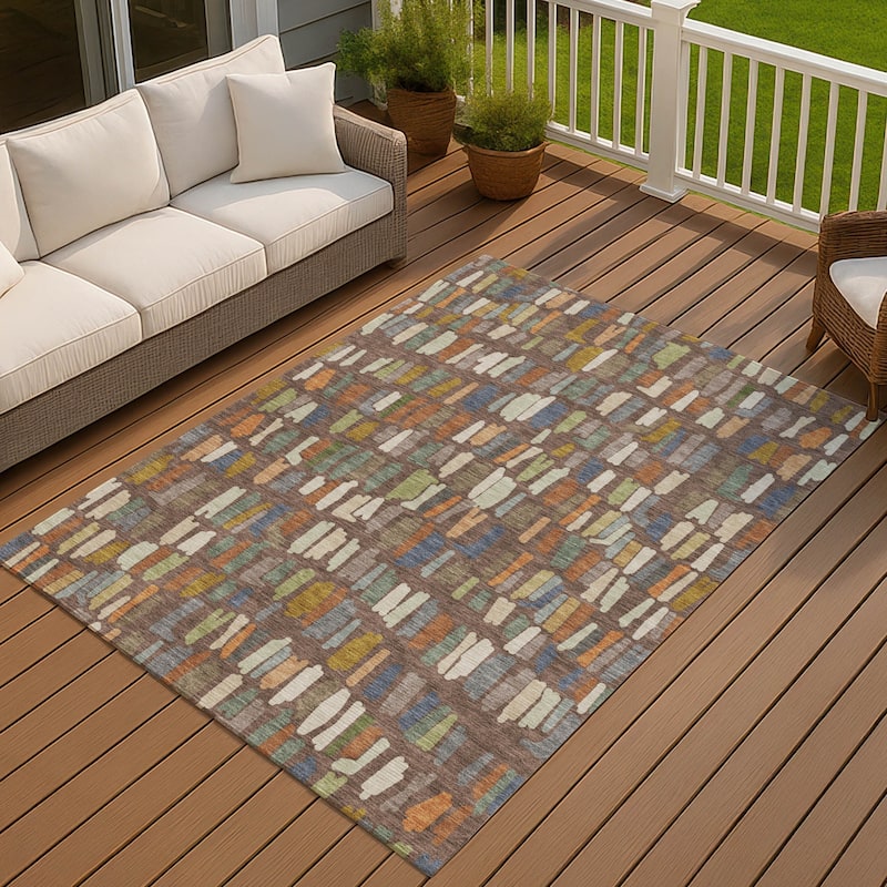 Machine Washable Indoor/ Outdoor Modern Mosaic Chantille Rug - Chocolate - 9' x 12'
