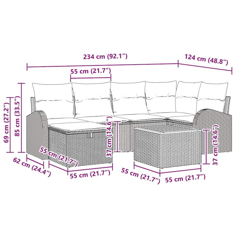 vidaXL 7 Garden Sofa Set with Cushions Black/Grey Poly Rattan - 92.1 x 48.8 x 27.2