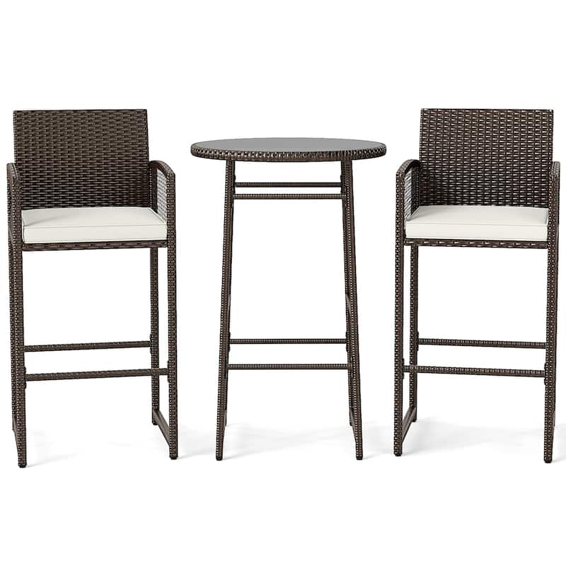 3-Piece Mix Brown Rattan Outdoor Patio Bar Set with Off White Cushions and 2 Chairs Included Table - 20.5" x 19.5" x 44"