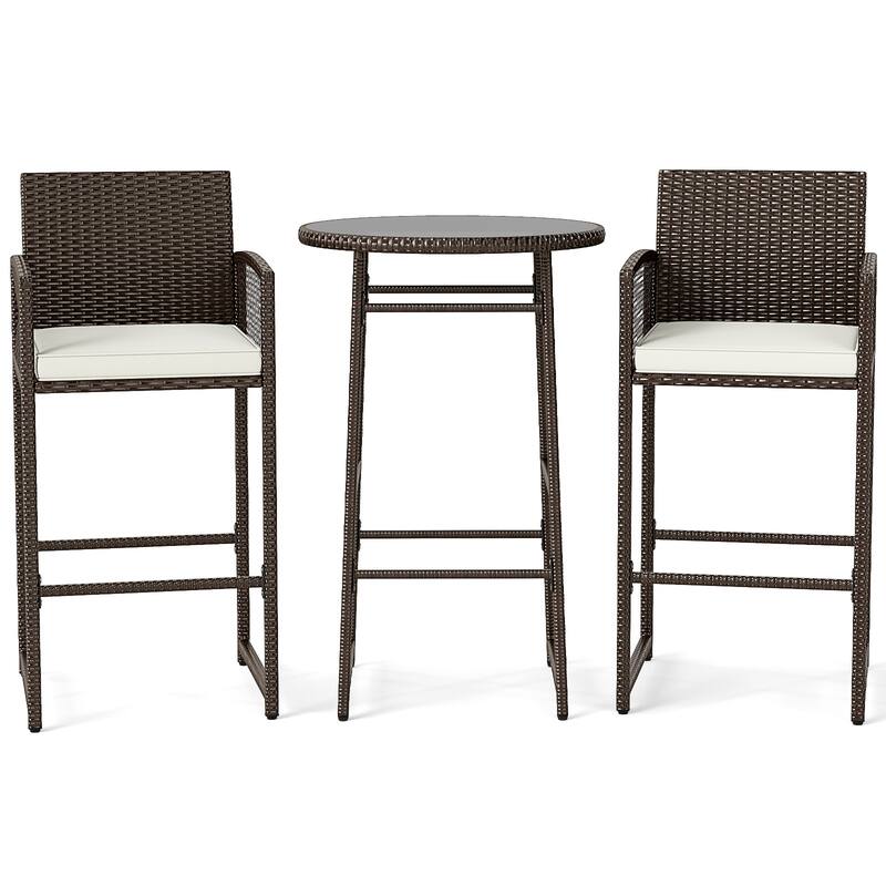 Gymax 3 Piece Wicker Patio Bar Set w/ 2 Seat Cushions Glass Tabletop
