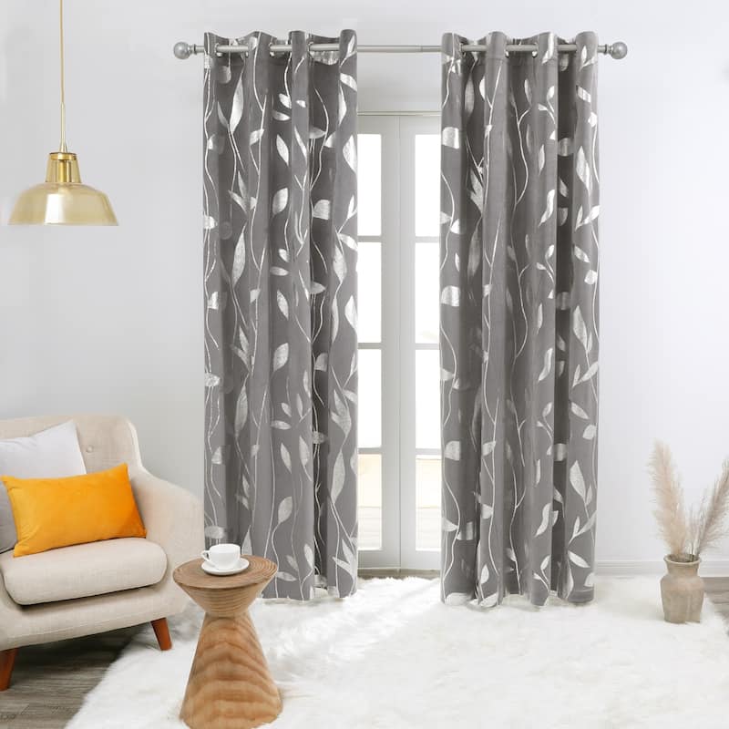 Velvet Curtains Room Darkening Silver Pattern Drapes 2 Panels - 52 x 63 Inch - Light Grey