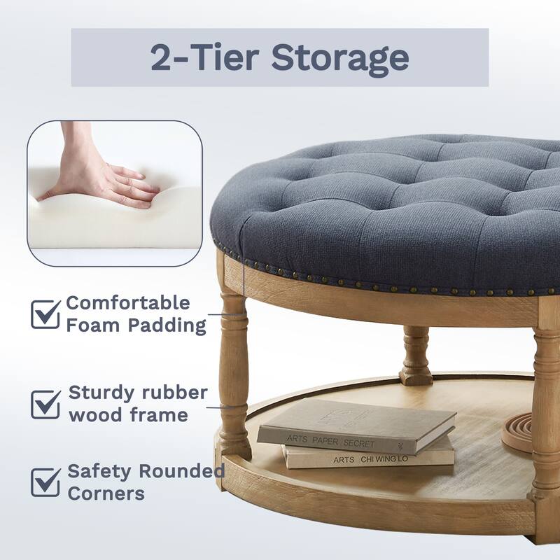 HUIMO 33in Round Upholstered Solid Wood Ottoman Coffee Table with Storage Shelf