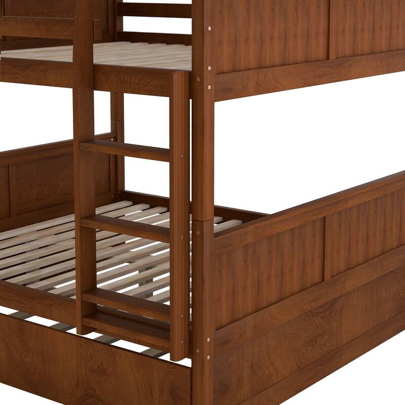 Full Over Full Bunk Bed with Twin Trundle, Walnut Finish, Convertible Design