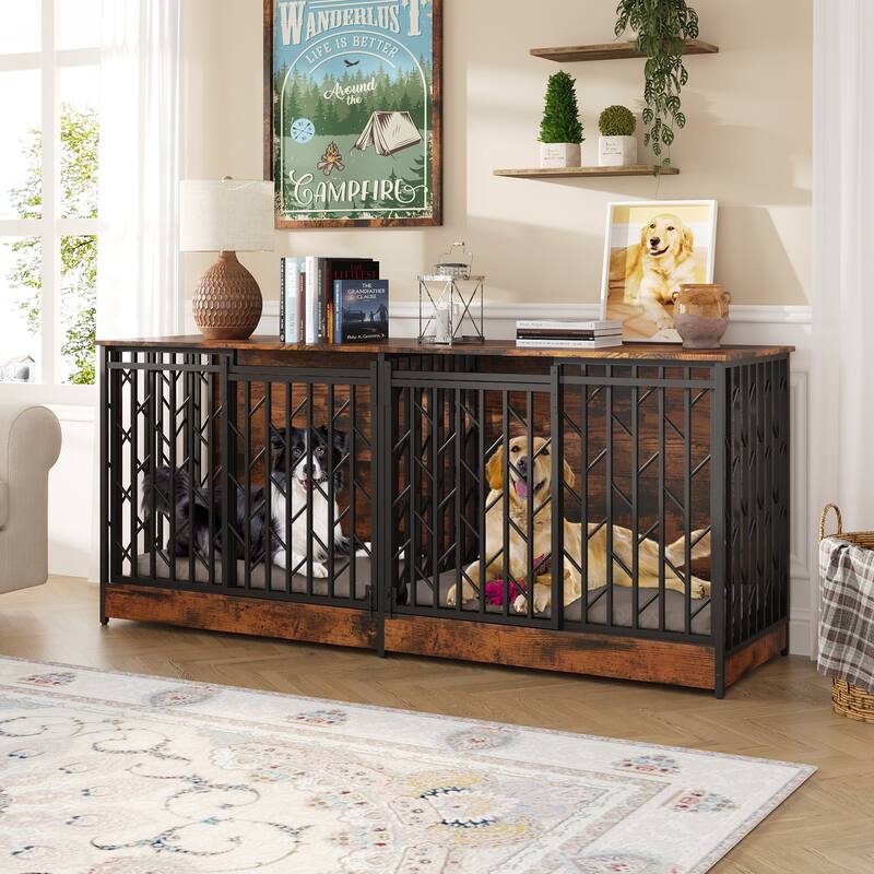 Large Double Dog Crate Furniture for Medium and Large Dogs, Rustic Industrial Dog Kennel End Table