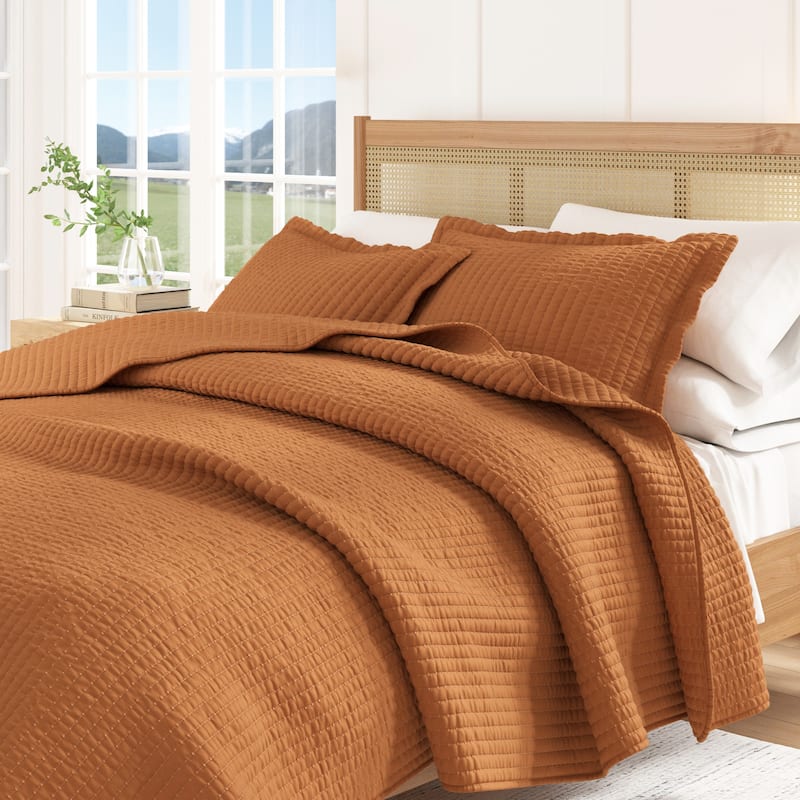 Linery & Co. Detailed Channel Stitch Microfiber Quilt Set With Shams. - Copper - Queen