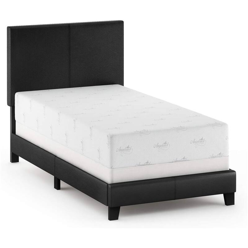 King Bed Frame Upholstered Black PU Leather Platform Bed Modern Glam Style