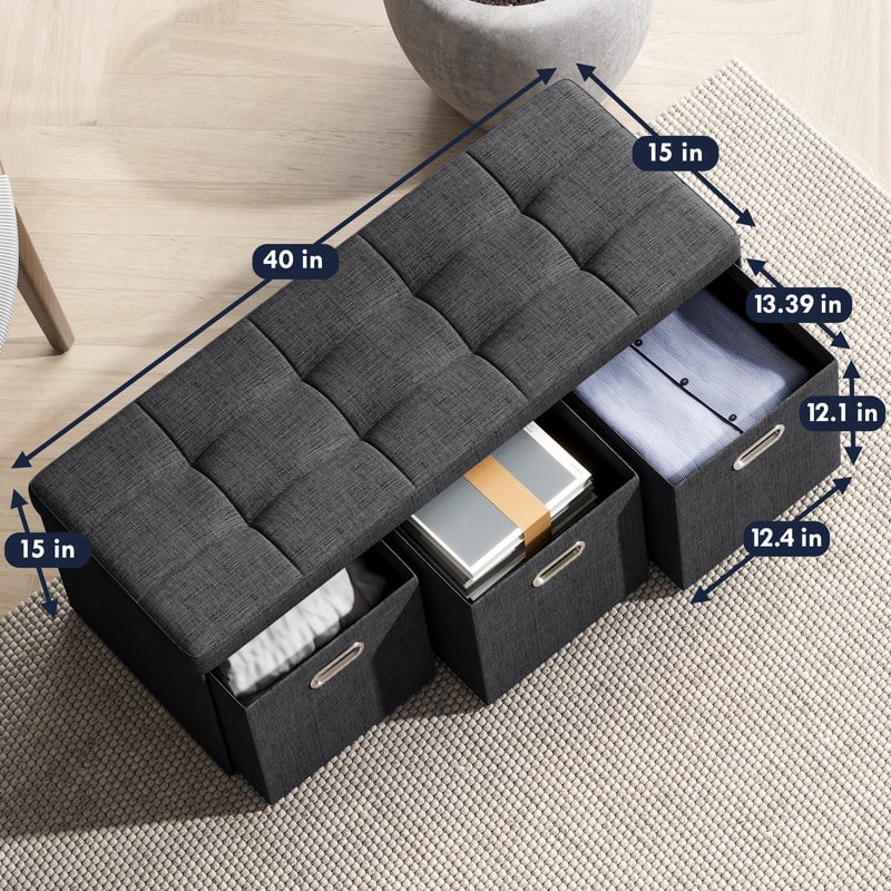 Foldable Linen Large Bench Storage Ottoman with 3 Drawer Cubes - 40"L