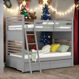 Elegant Twin over Twin Wood Bunk Bed with Built-in Ladder and 2 Drawers, Maximized Space, Solid Construction, Grey
