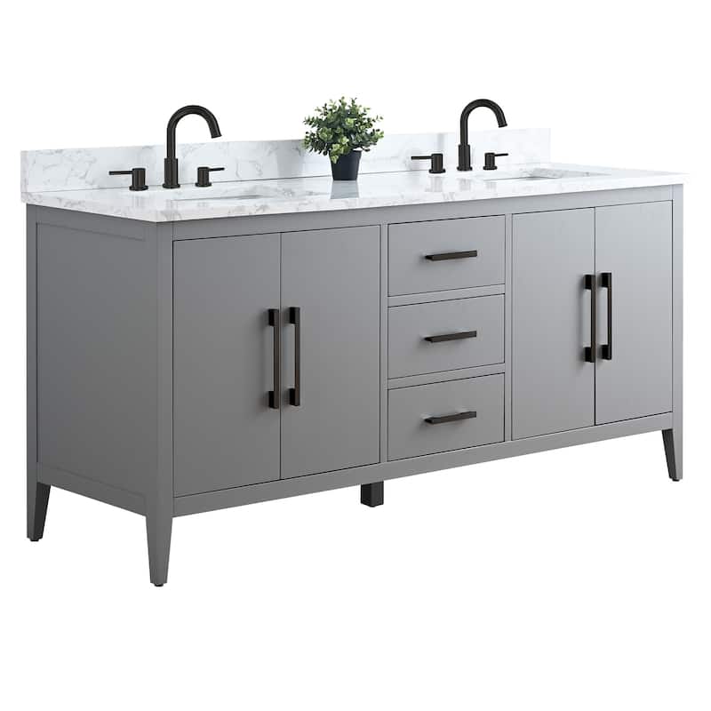 Vanity Art 72" Double Sink Bathroom Vanity Cabinet with Engineered Marble Top