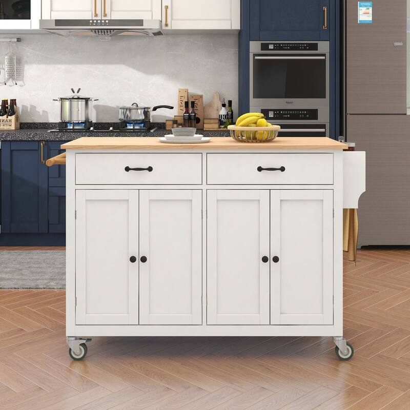 Multifunctional Solid Wood Frame Kitchen Cart with Spice Rack and Adjustable Shelves - White