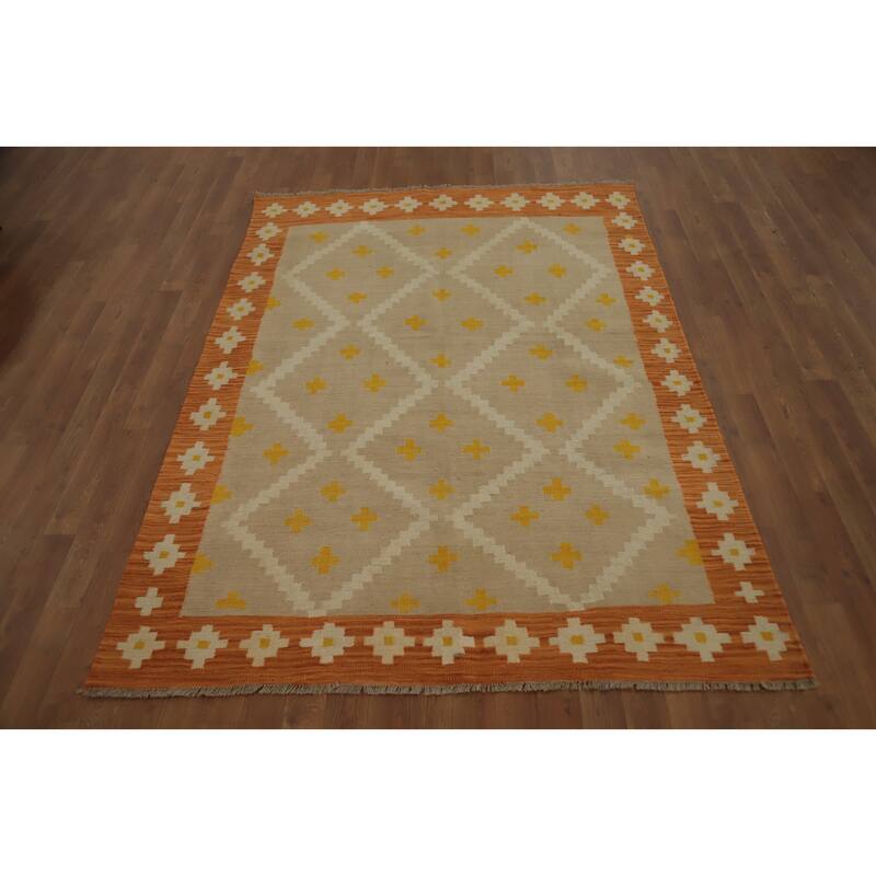 Hand Woven Oriental 100% Wool Carpet Southwestern Tribal Brown Kilim Area Rug - 6' 7'' X 4' 9''