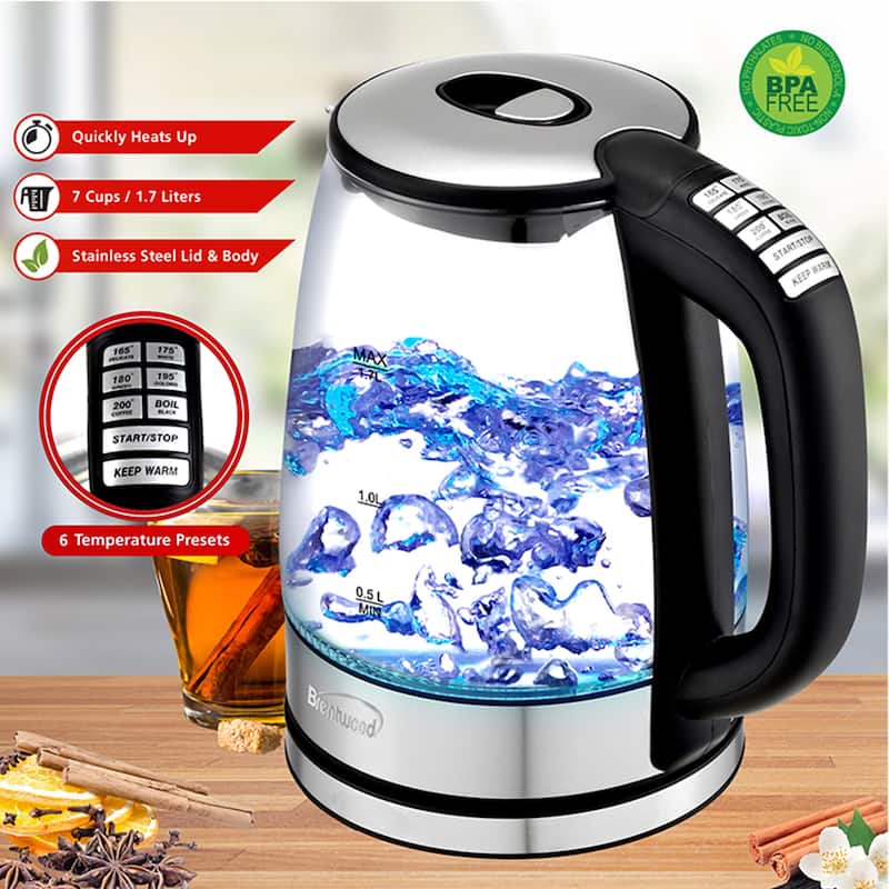 Brentwood Glass 1.7 Liter Electric Kettle with 6 Temperature Presets - 1.7 Liter
